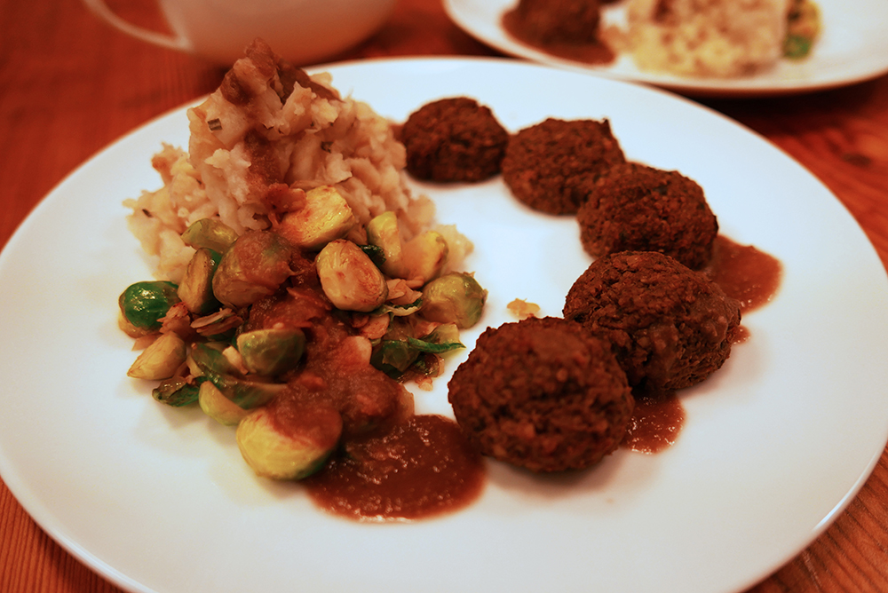 Mushroom and aubergine balls with epic sprouts and celeriac smashed